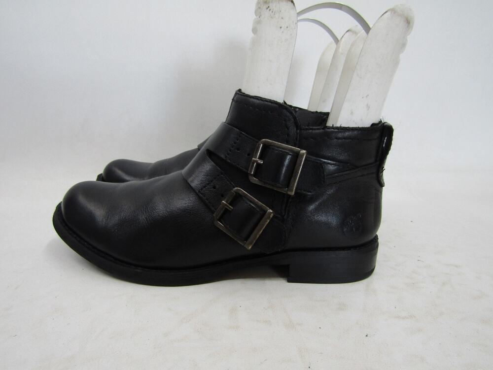 Timberland Womens Size 6 Black Leather Buckle Zip Ankle Fashion Boots